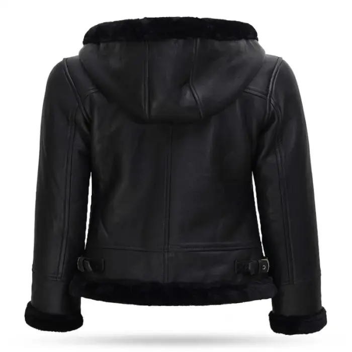 Black Shearling Leather Bomber Jacket With Hood