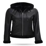 Women's Black Shearling Leather Bomber Jacket With Hood