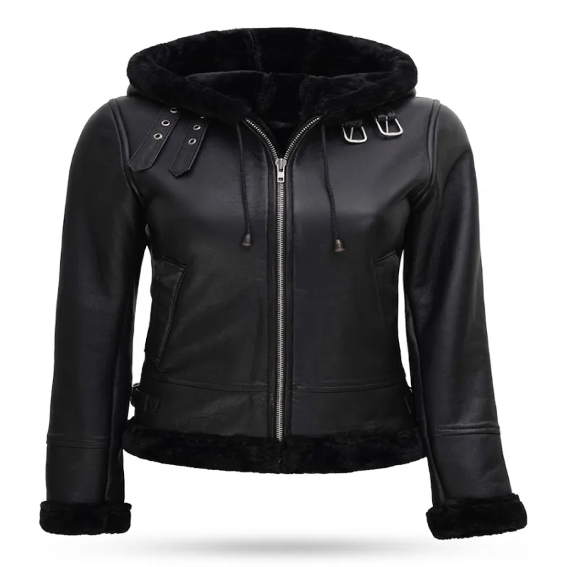 Black Shearling Leather Bomber Jacket With Hood Women'S Black Shearling Leather Bomber Jacket With Hood