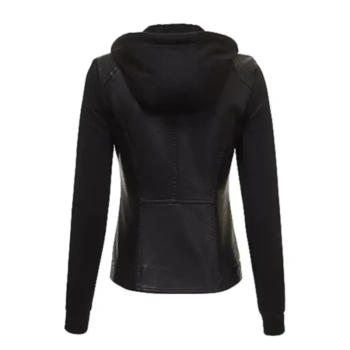Black Sheepskin Leather Biker Jacket With Hood