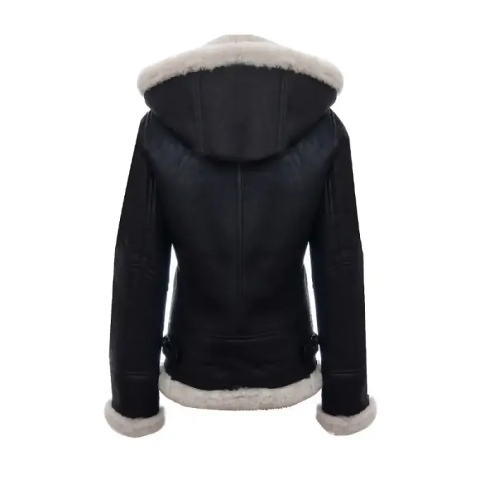 Black Sheepskin Leather Hooded Aviator Jacket