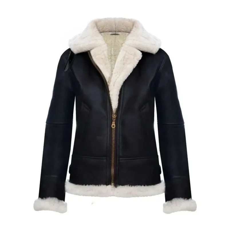 Black Sheepskin Leather Hooded Aviator Jacket Women’s Black Sheepskin Leather Hooded Aviator Jacket