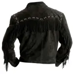 Black Suede Leather Fringe Western Jacket