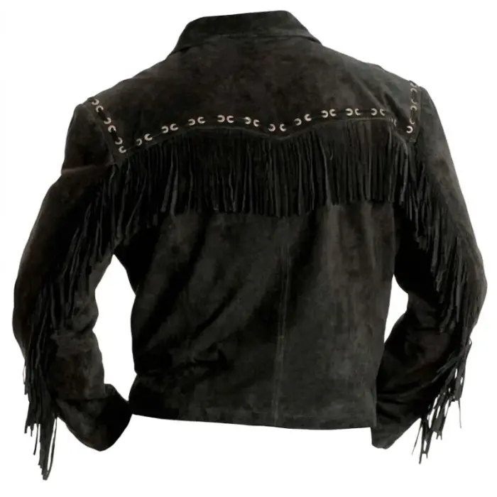 Black Suede Leather Fringe Western Jacket