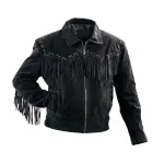 Men’s Black Suede Leather Fringe Western Jacket