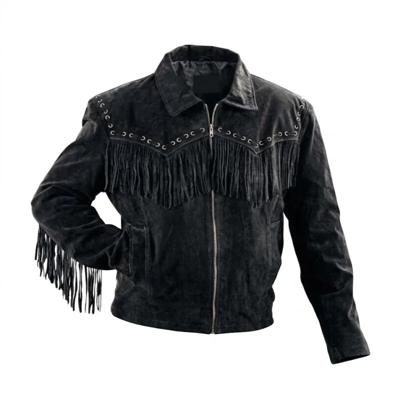 Black Suede Leather Fringe Western Jacket Men’s Black Suede Leather Fringe Western Jacket