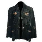 Men's Black Suede Leather Western Style Fringe Jacket