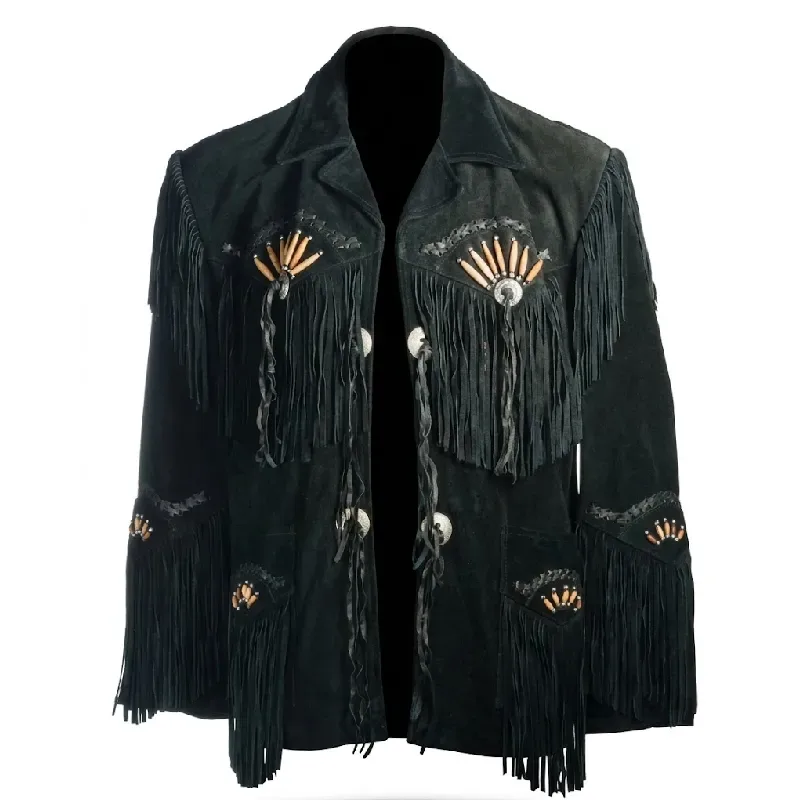 Black Suede Leather Western Style Fringe Jacket Men'S Black Suede Leather Western Style Fringe Jacket