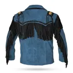 Blue Suede Leather Jacket With Fringe-Tassels