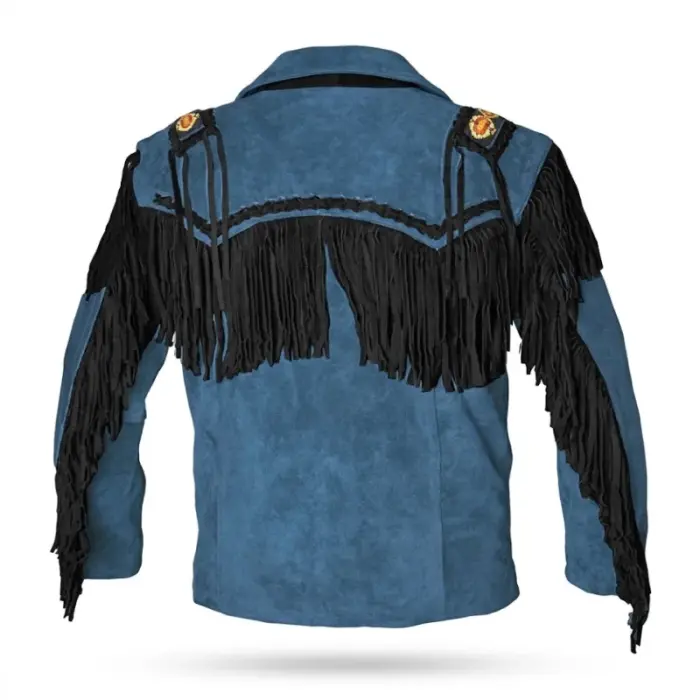 Blue Suede Leather Jacket With Fringe-Tassels