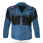 Men's Blue Suede Leather Jacket With Fringe-Tassels