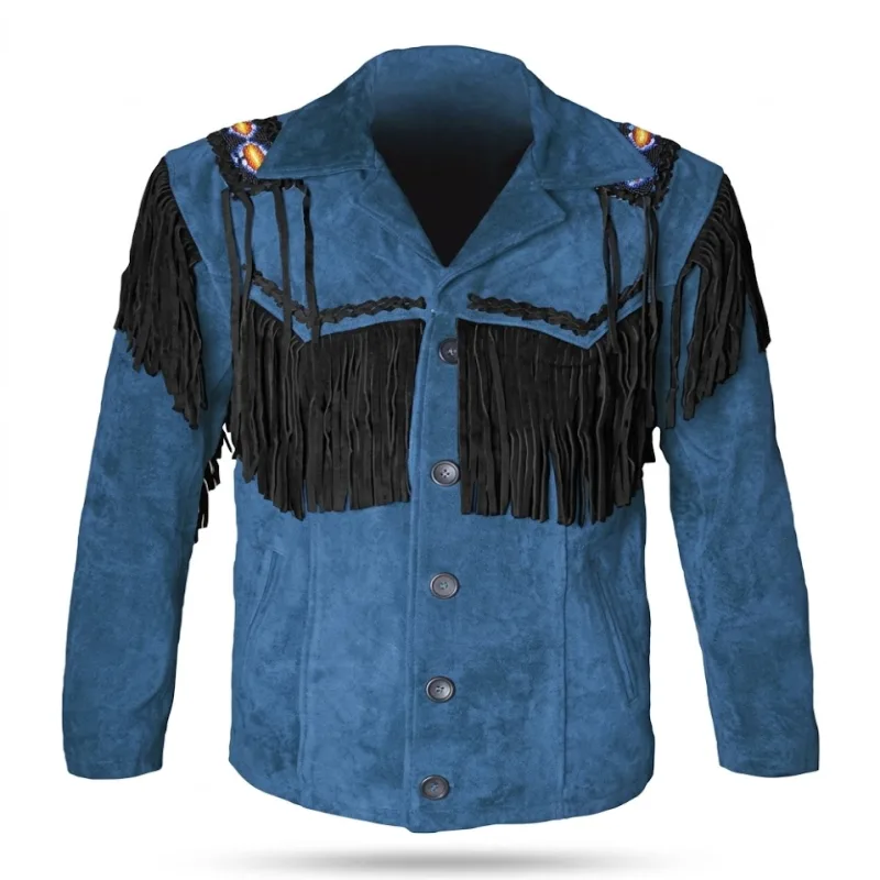 Blue Suede Leather Jacket With Fringe-Tassels Men'S Blue Suede Leather Jacket With Fringe-Tassels