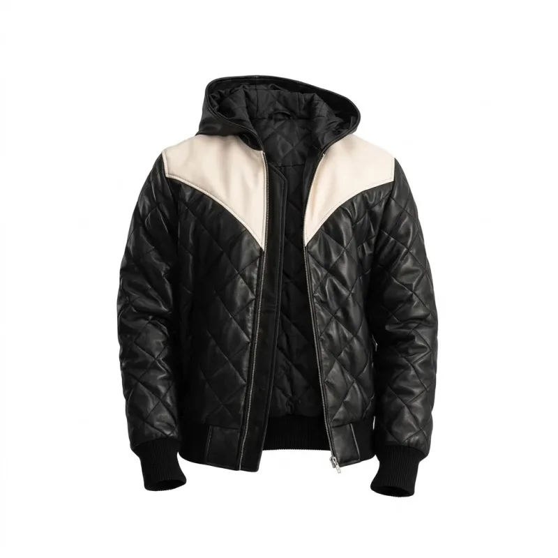 Brecken Diamond Quilted Leather Hooded Bomber Jacket Brecken Quilted Leather Hooded Bomber Jacket