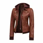 Brown Hooded Sheepskin Leather Biker Jacket