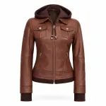 Women's Brown Hooded Sheepskin Leather Biker Jacket