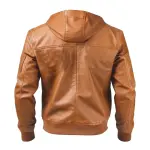 Brown Real Leather Hooded Bomber Jacket