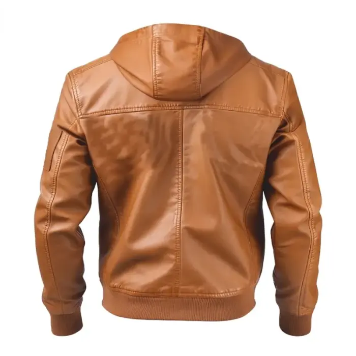 Brown Real Leather Hooded Bomber Jacket