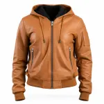 Women's Brown Real Leather Hooded Bomber Jacket