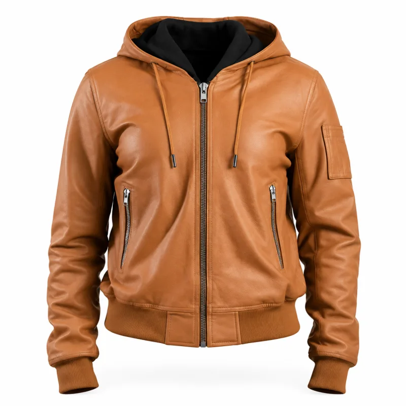 Brown Real Leather Hooded Bomber Jacket Women'S Brown Real Leather Hooded Bomber Jacket