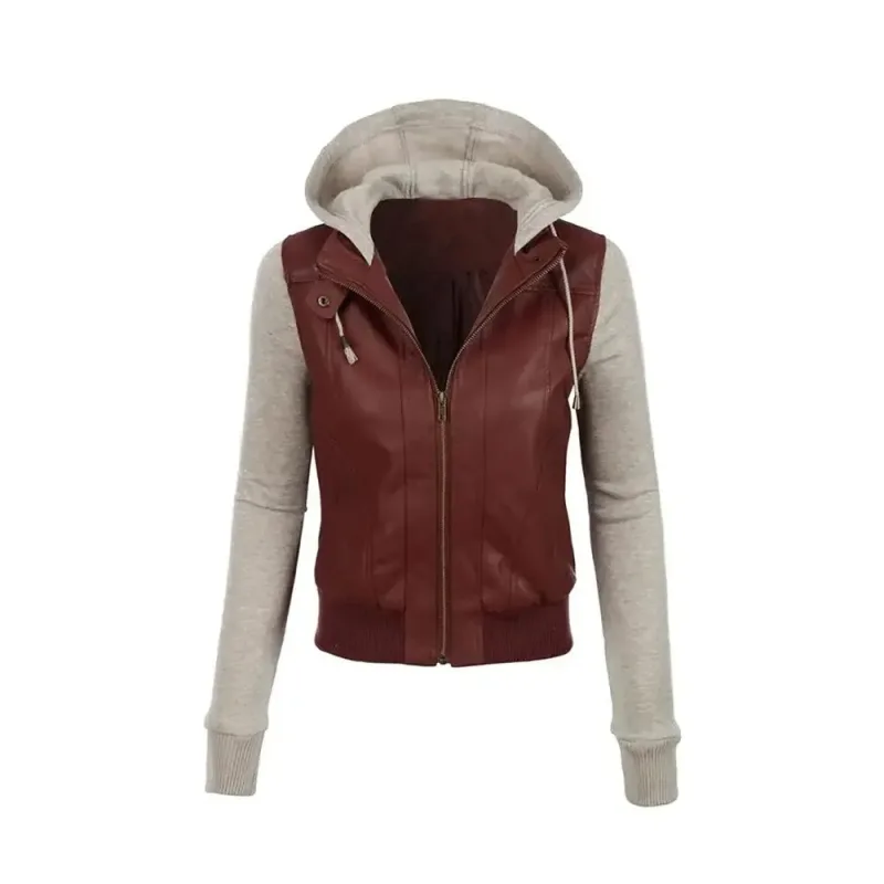 Brown Sheepskin Leather Jacket With Hood Women’s Brown Sheepskin Leather Jacket With Hood