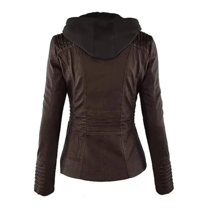 Brown Sheepskin Leather Jacket With Removable Hood