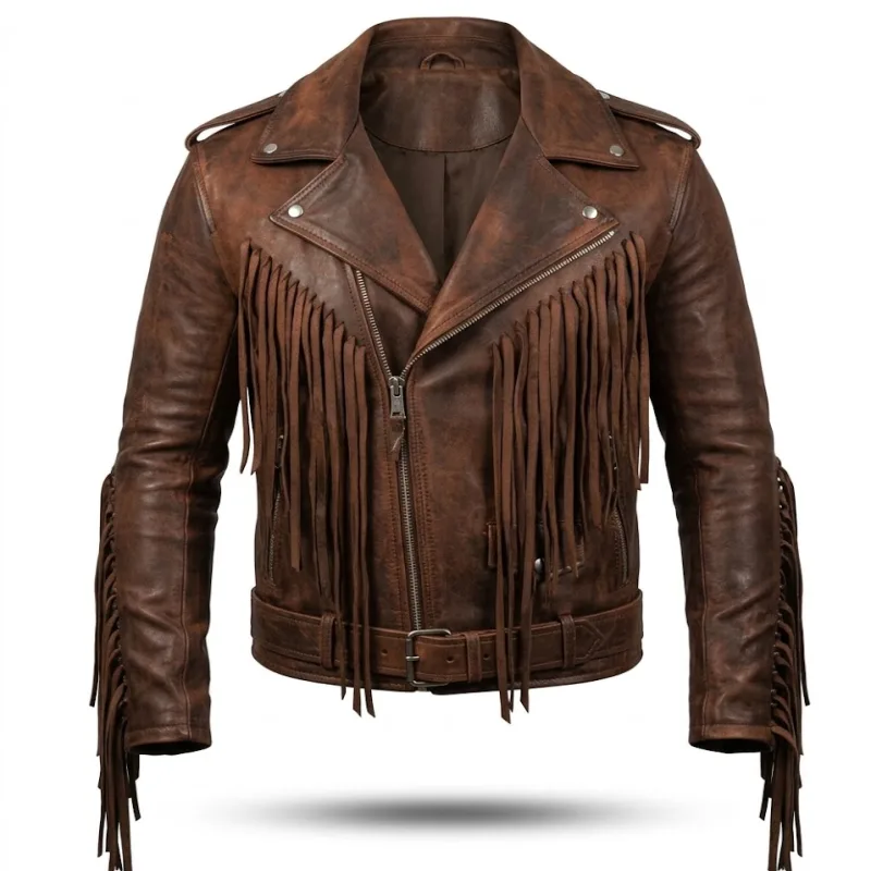 Brown Western Style Cowboy Leather Jacket With Fringes Men’s Brown Western Style Cowboy Leather Jacket With Fringes