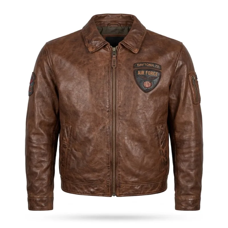 Cognac Brown Leather Air Force Patches Aviator Jacket Men’s Cognac Brown Leather Air Force Patches Aviator Jacket