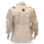 Cognac Genuine Leather Fringed Trucker Jacket