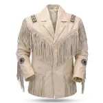Men's Cognac Genuine Leather Fringed Trucker Jacket