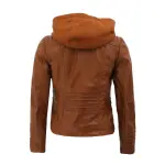 Cognac Slim Fit Leather Jacket With Detachable Hood
