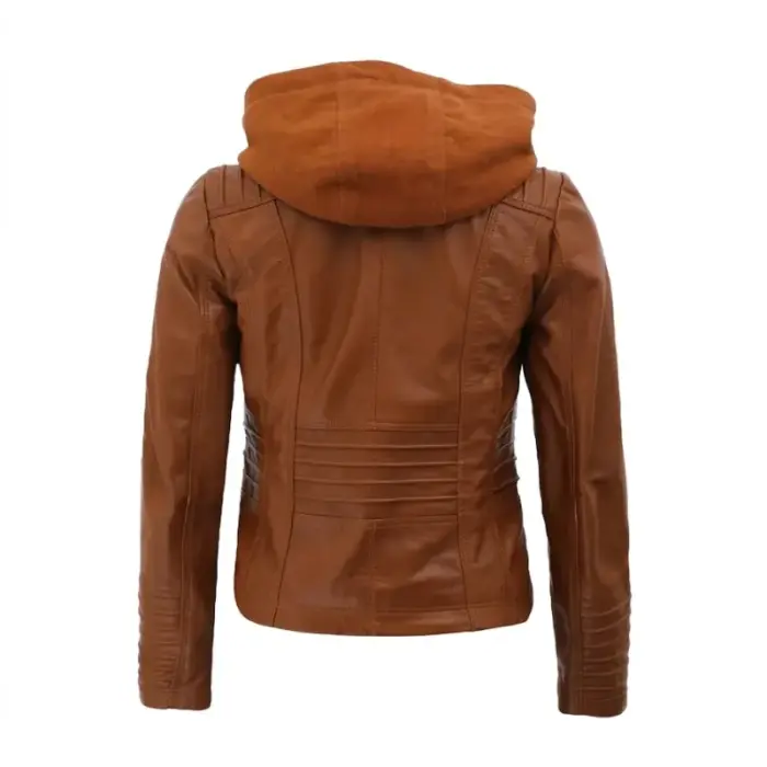 Cognac Slim Fit Leather Jacket With Detachable Hood