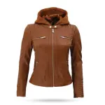 Women's Cognac Slim Fit Leather Jacket With Detachable Hood