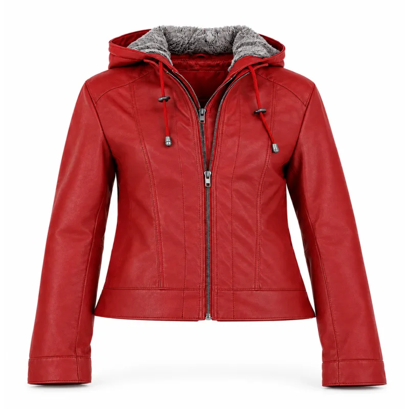 Cowhide Leather Jacket With Detachable Hood Women'S Cowhide Leather Jacket With Detachable Hood