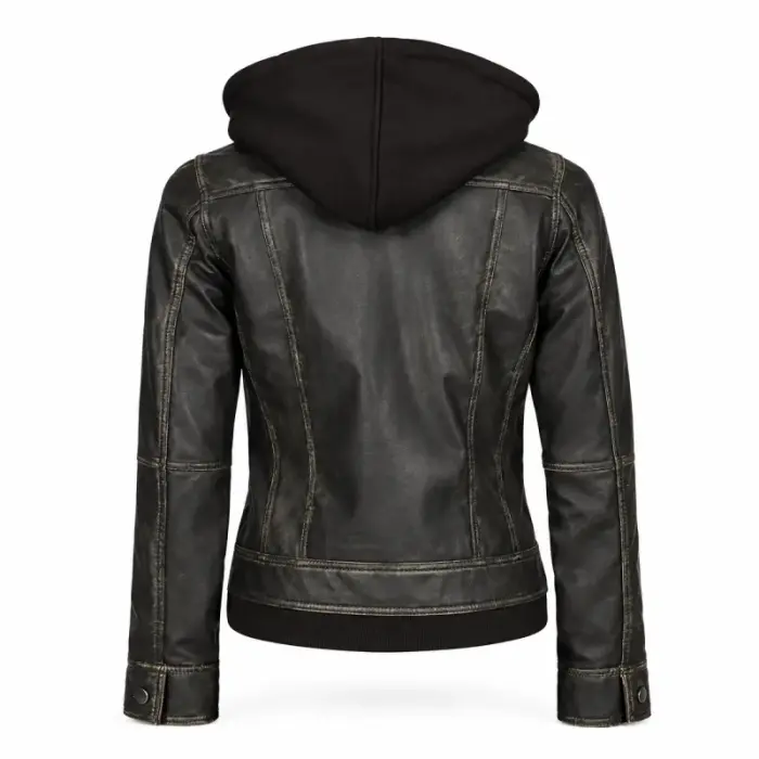 Dark Brown Real Leather Biker Jacket With Hood