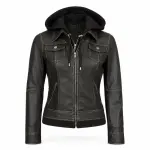 Women's Dark Brown Real Leather Biker Jacket With Hood