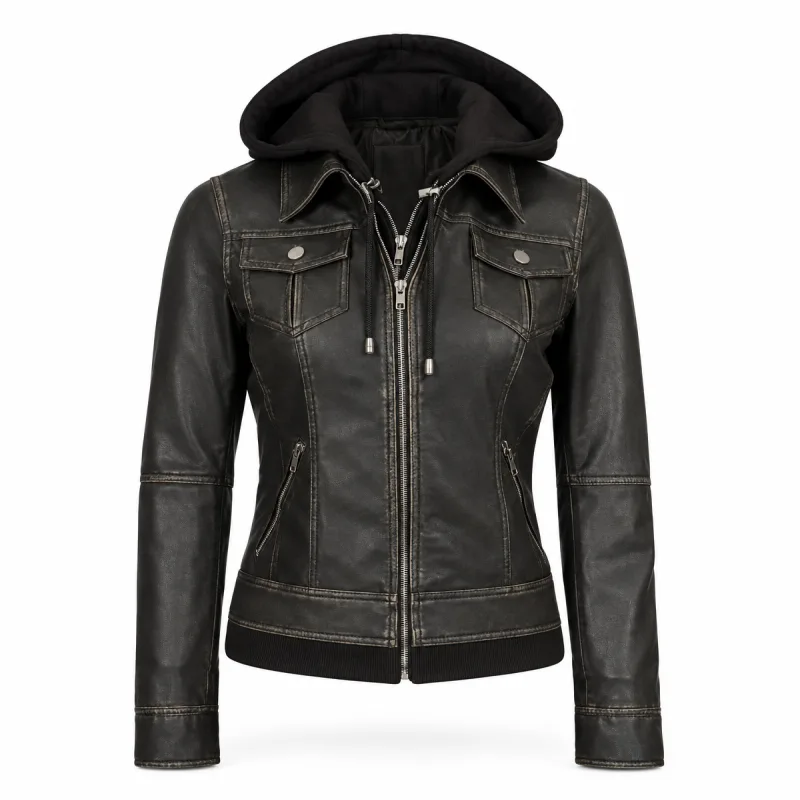 Dark Brown Real Leather Biker Jacket With Hood Women'S Dark Brown Real Leather Biker Jacket With Hood