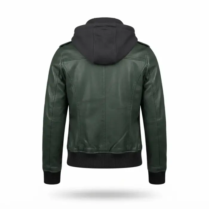 Dark Green Sheepskin Leather Hooded Bomber Jacket