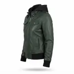Dark Green Sheepskin Leather Hooded Bomber Jacket