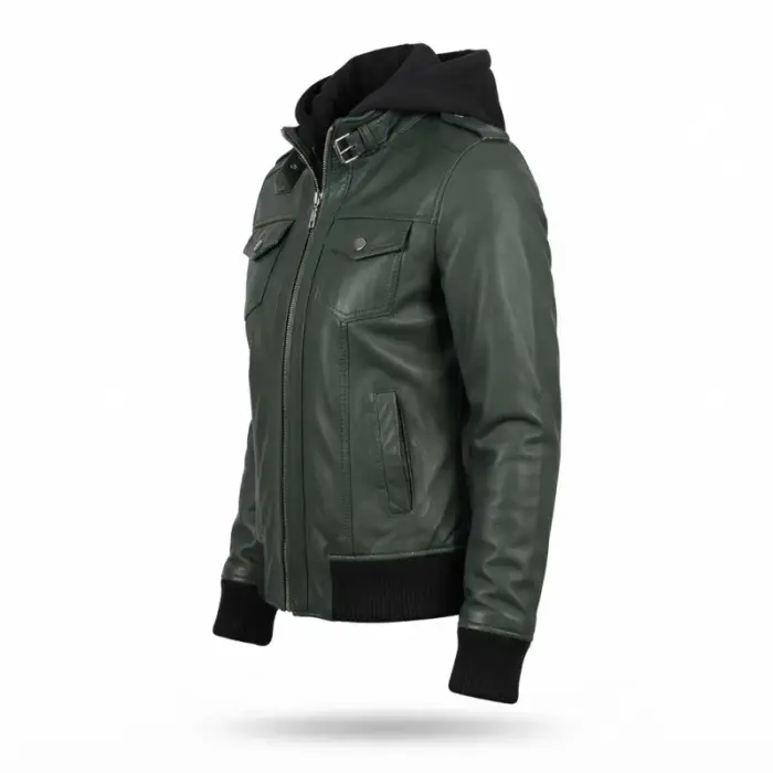 Dark Green Sheepskin Leather Hooded Bomber Jacket