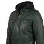 Dark Green Sheepskin Leather Hooded Bomber Jacket