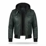 Dark Green Sheepskin Leather Hooded Bomber Jacket
