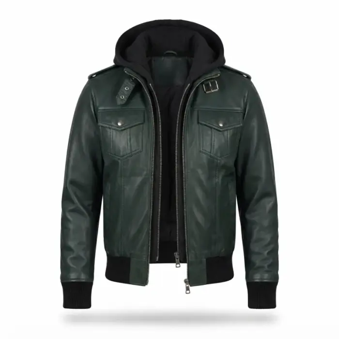 Dark Green Sheepskin Leather Hooded Bomber Jacket