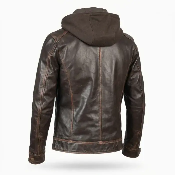 Distressed Brown Biker Leather Jacket With Removable Hood