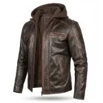 Distressed Brown Biker Leather Jacket with Removable Hood