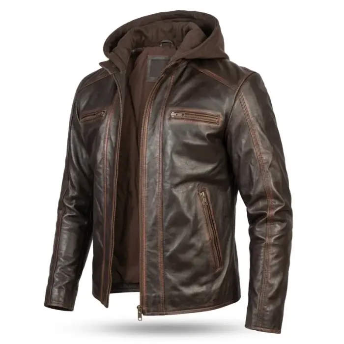 Distressed Brown Biker Leather Jacket With Removable Hood