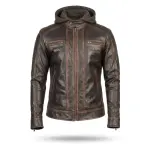 Distressed Brown Biker Leather Jacket with Hood