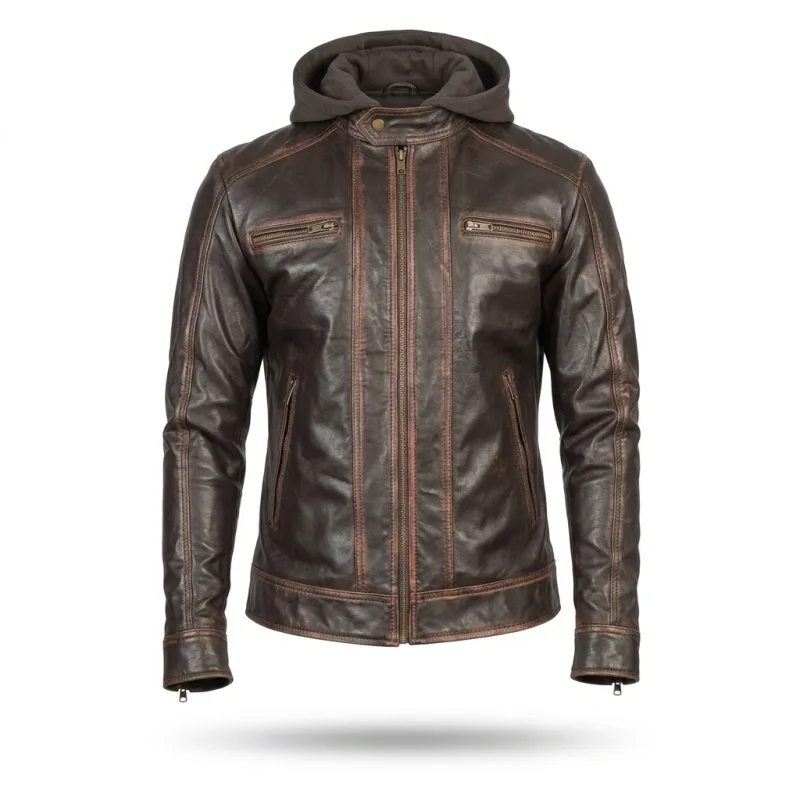 Men'S Distressed Brown Biker Leather Jacket With Removable Hood Distressed Brown Biker Leather Jacket With Hood
