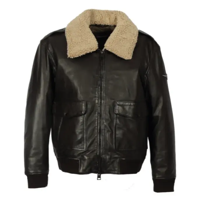 Genuine Leather Aviator Bomber Jacket With Faux Collar