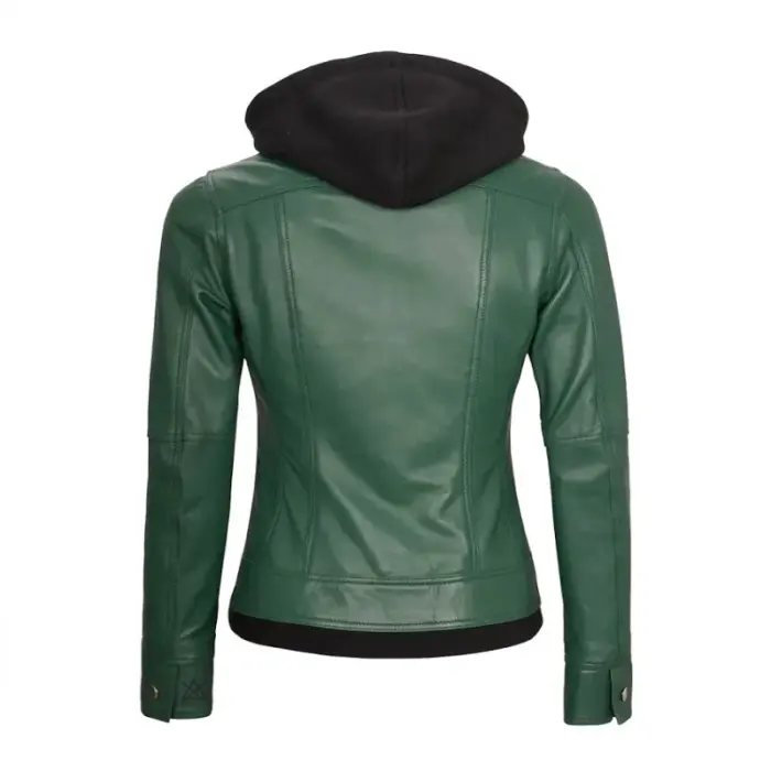 Green Sheepskin Leather Jacket With Removable Hood