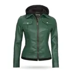 Green Sheepskin Leather Jacket With Removable Hood